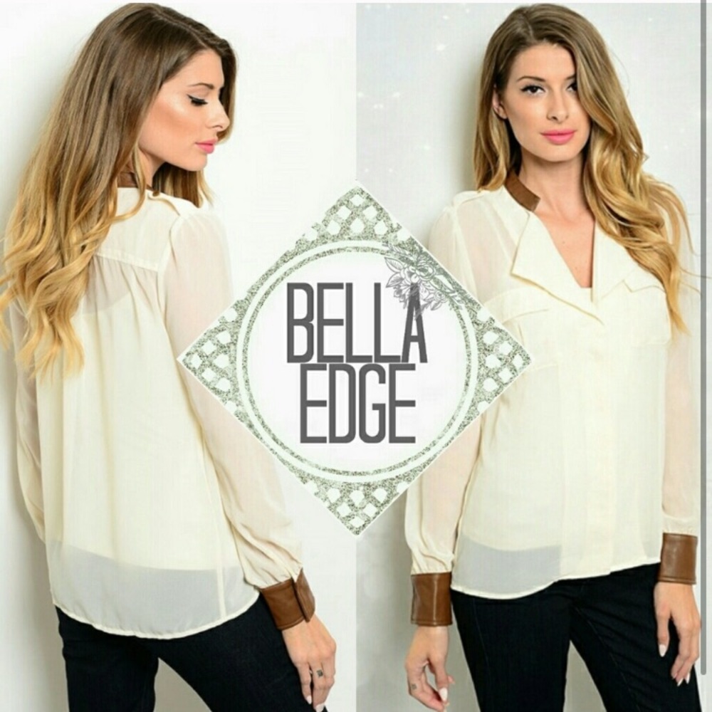 Cream Chiffon Sheer Leather Trim Top